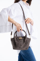 Woven Suede Top Handle Crossbody Bag with Twist Lock Detail - Brown