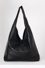 Braided Pu Leather  Slouchy Tote Bag - Black