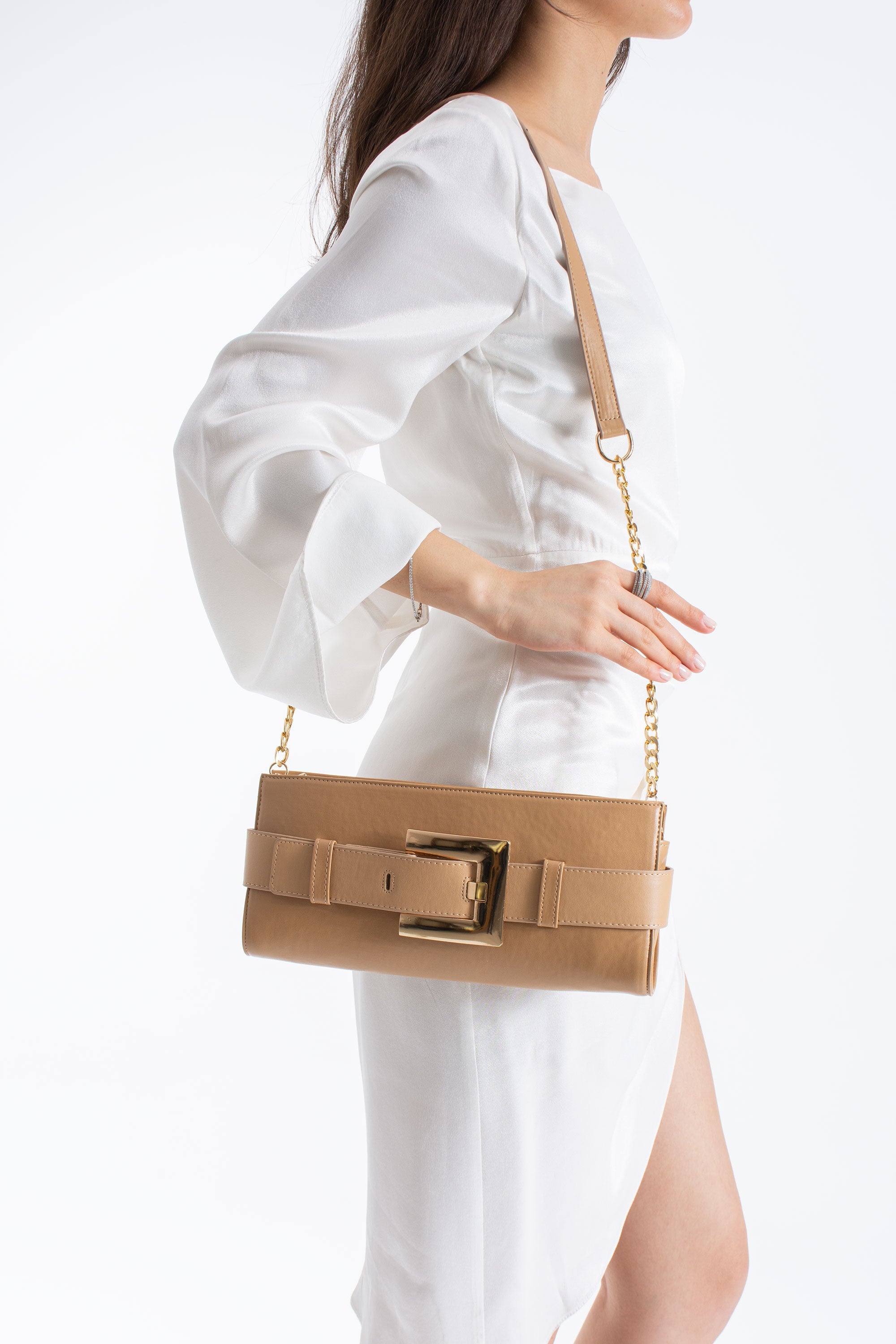PU Leather Shoulder & Clutch Bag with Large Gold Buckle - Nude