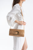 PU Leather Shoulder & Clutch Bag with Large Gold Buckle - Nude