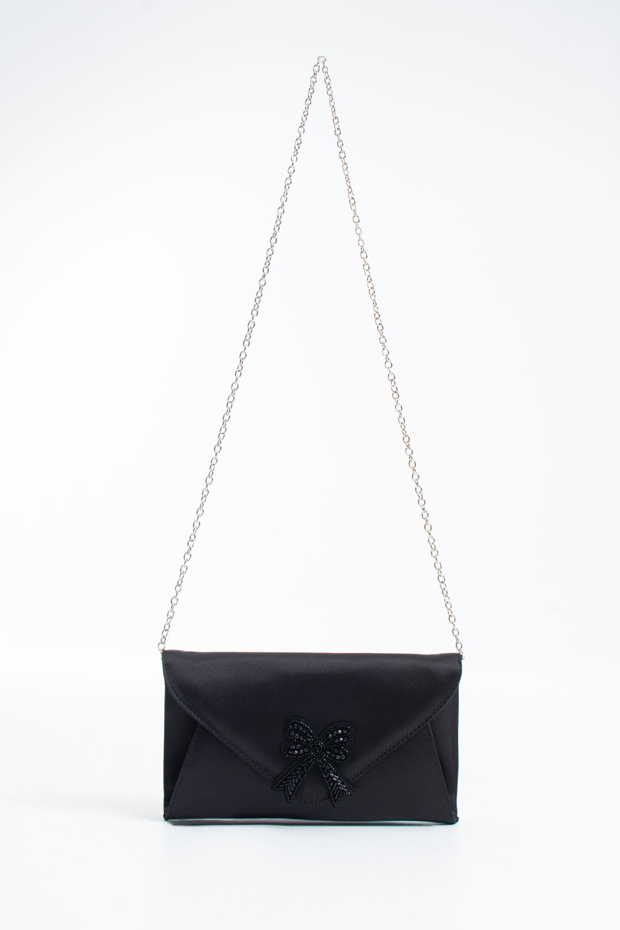 Satin Evening Clutch Bag with Embellishment - Black
