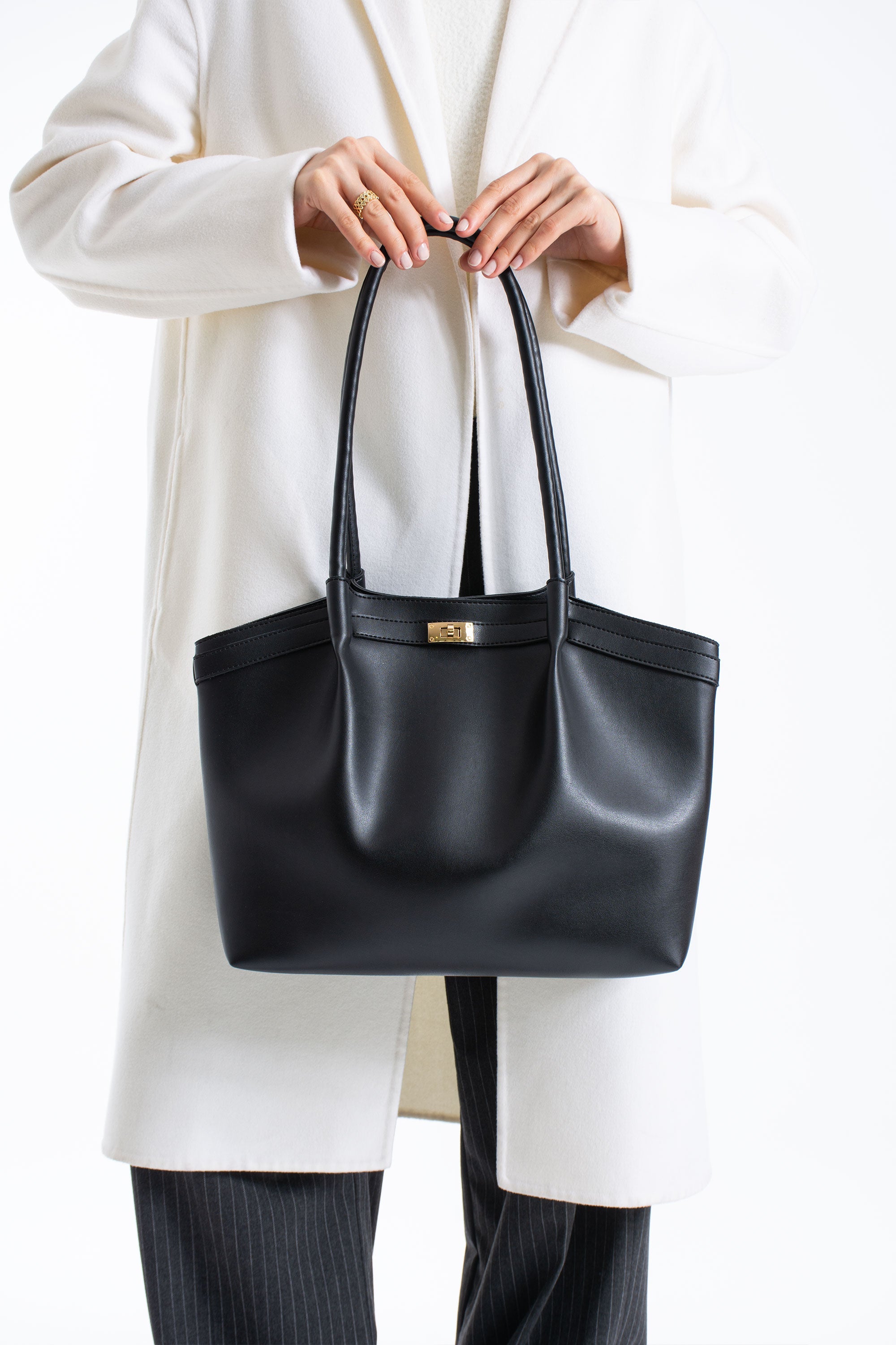 Large PU Leather Shopper Tote Bag with Matching Pouch - Black
