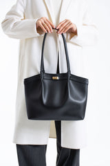 Large PU Leather Shopper Tote Bag with Matching Pouch - Black