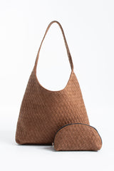 Woven Suede Slouchy Tote Bag with Matching Zipper Pouch 2PCS Set - Tan