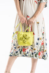 Floral Satin Handbag with Detachable Crossbody Strap - Lime