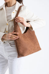 Woven Suede Slouchy Tote Bag with Matching Zipper Pouch 2PCS Set - Tan