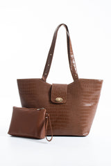 Texured Pu Leather Tote Bag with Matching Zipper Pouch 2PCS Set - Brown