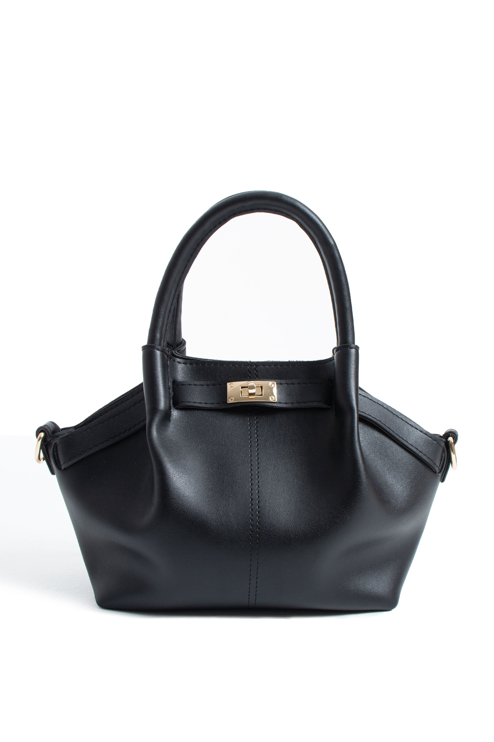 Pu Leather Top Handle Crossbody Bag with Twist Lock Detail - Black