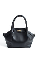 Pu Leather Top Handle Crossbody Bag with Twist Lock Detail - Black