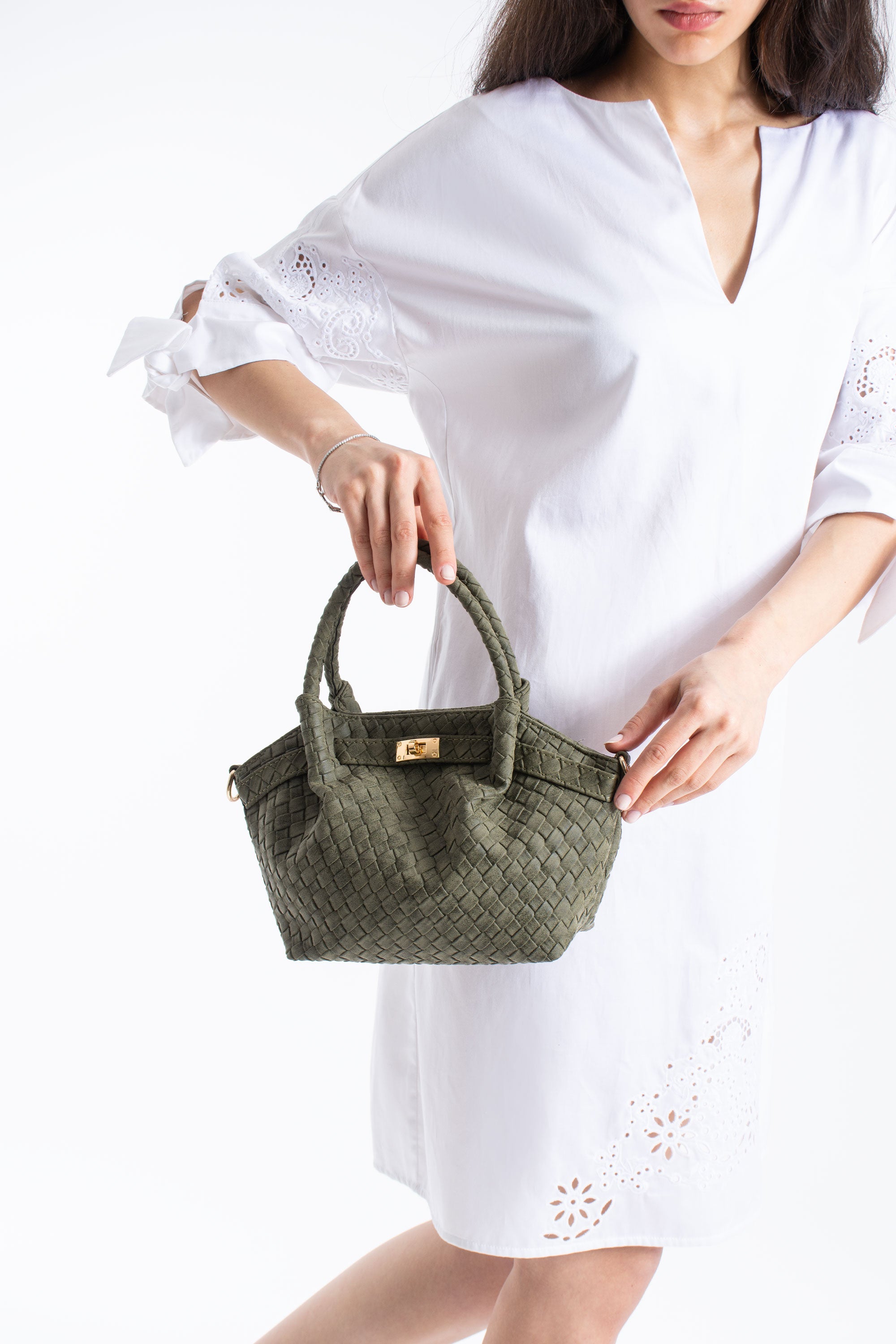 Woven Suede Top Handle Crossbody Bag with Twist Lock Detail - Khaki