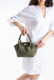 Woven Suede Top Handle Crossbody Bag with Twist Lock Detail - Khaki