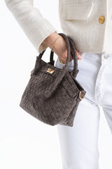 Woven Suede Top Handle Crossbody Bag with Twist Lock Detail - Brown