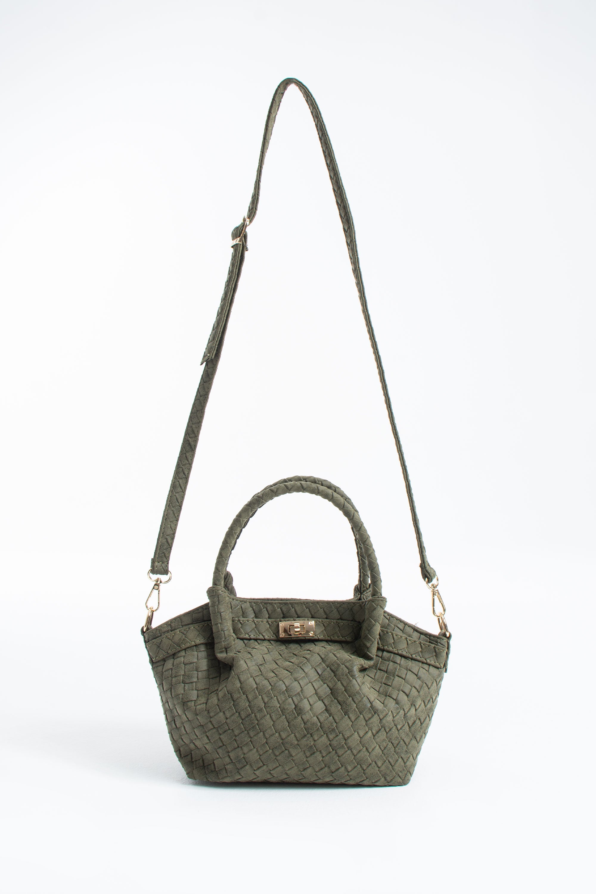 Woven Suede Top Handle Crossbody Bag with Twist Lock Detail - Khaki