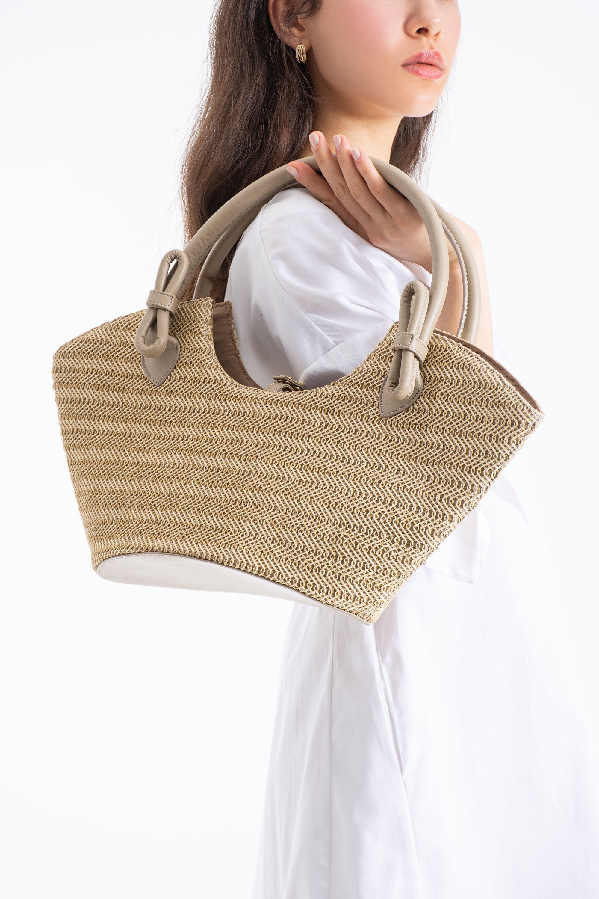 Woven Straw Tote Bag - Light Beige