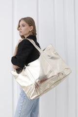Metallic Finish Pu Leather Weekend Bag - Gold