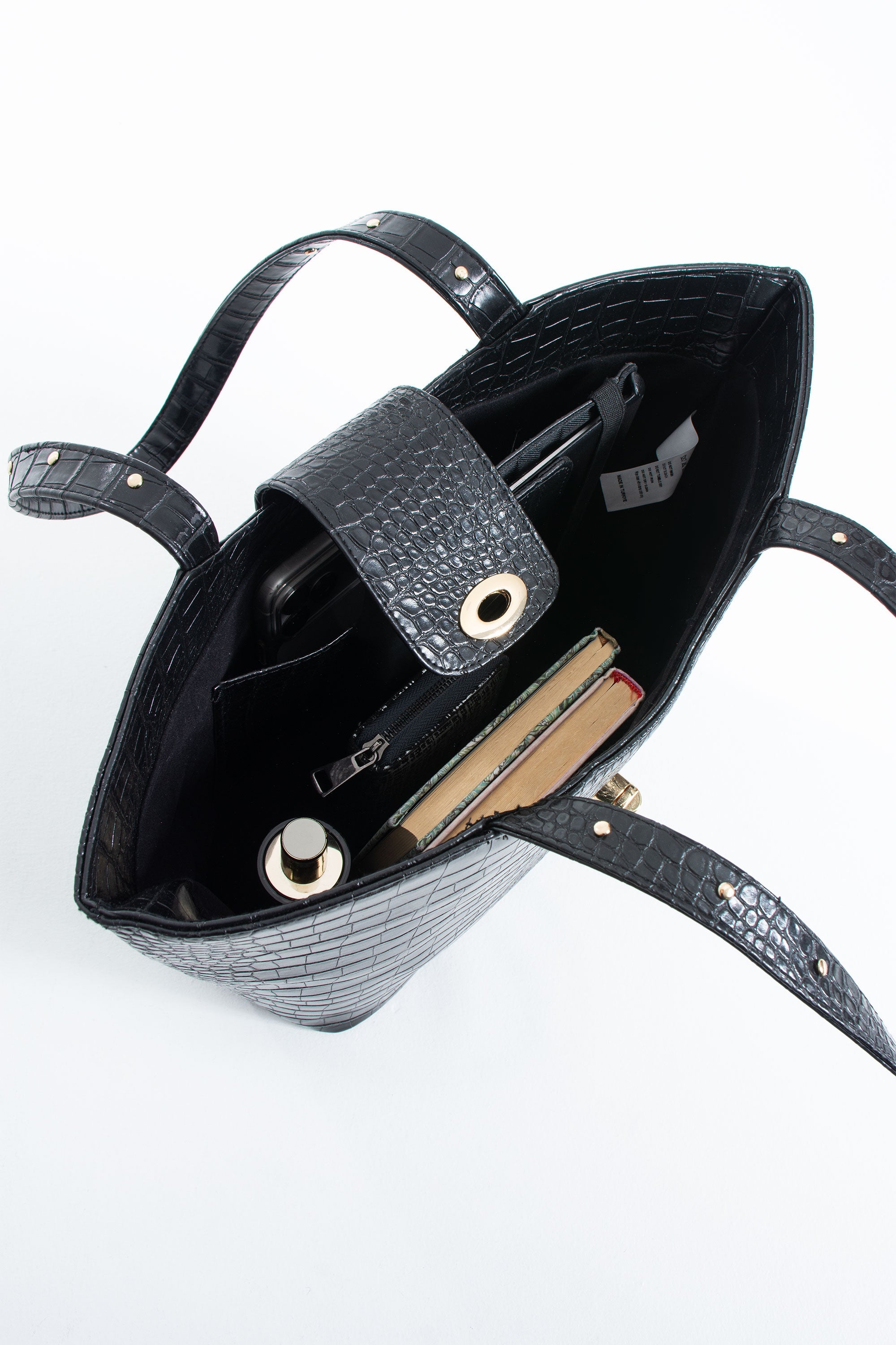 Texured Pu Leather Tote Bag with Matching Zipper Pouch 2PCS Set - Black