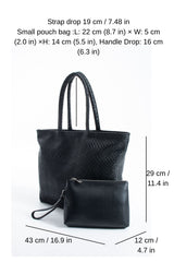 Woven Pu Leather Tote Bag with Matching Zipper Pouch 2PCS Set - Black