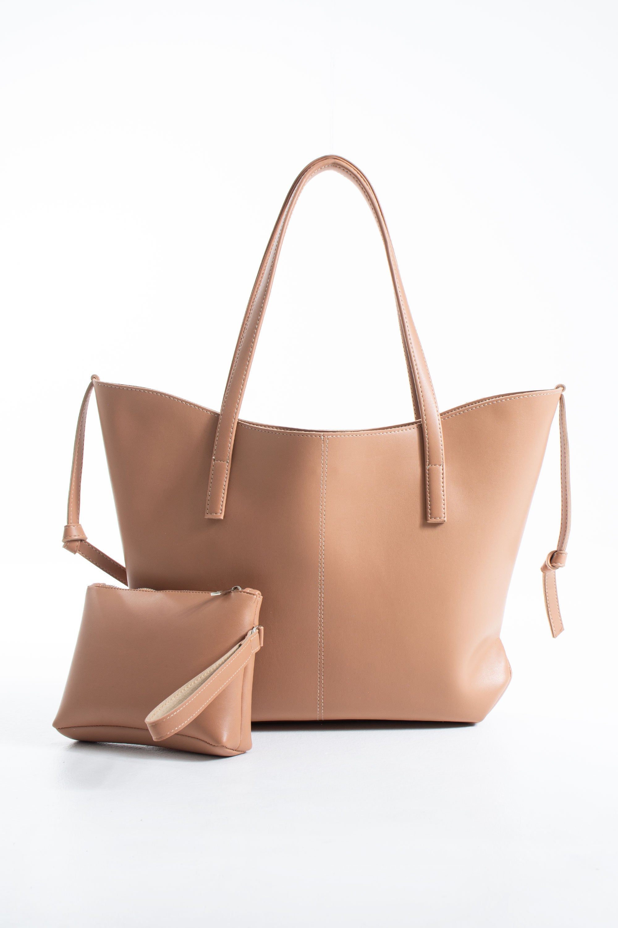 Pu Leather Large Tote Bag with Matching Zipper Pouch  2PCS Set - Nude