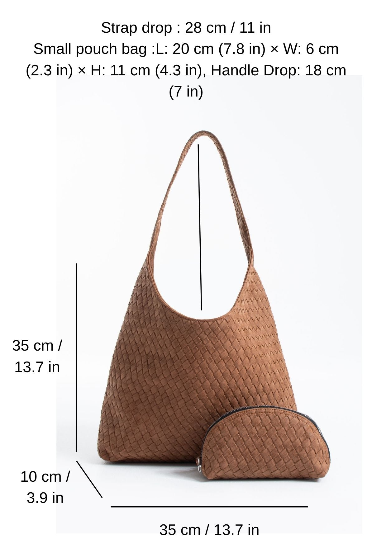 Woven Suede Slouchy Tote Bag with Matching Zipper Pouch 2PCS Set - Tan
