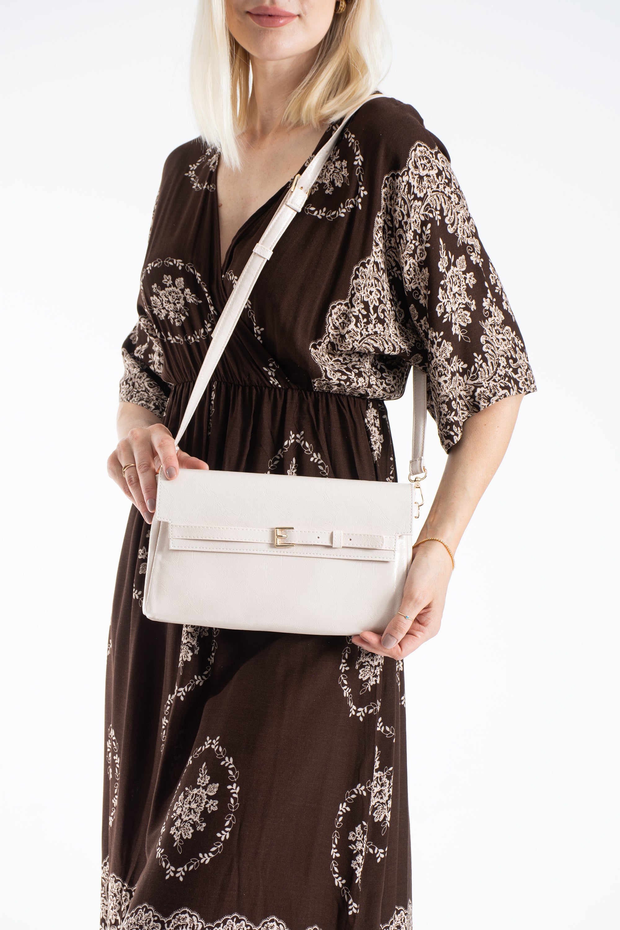 Crinkle Patent Flap Closure Wristlet & Clutc&Crossbody  3-in-1 Handbag - Cream