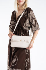 Crinkle Patent Flap Closure Wristlet & Clutc&Crossbody  3-in-1 Handbag - Cream