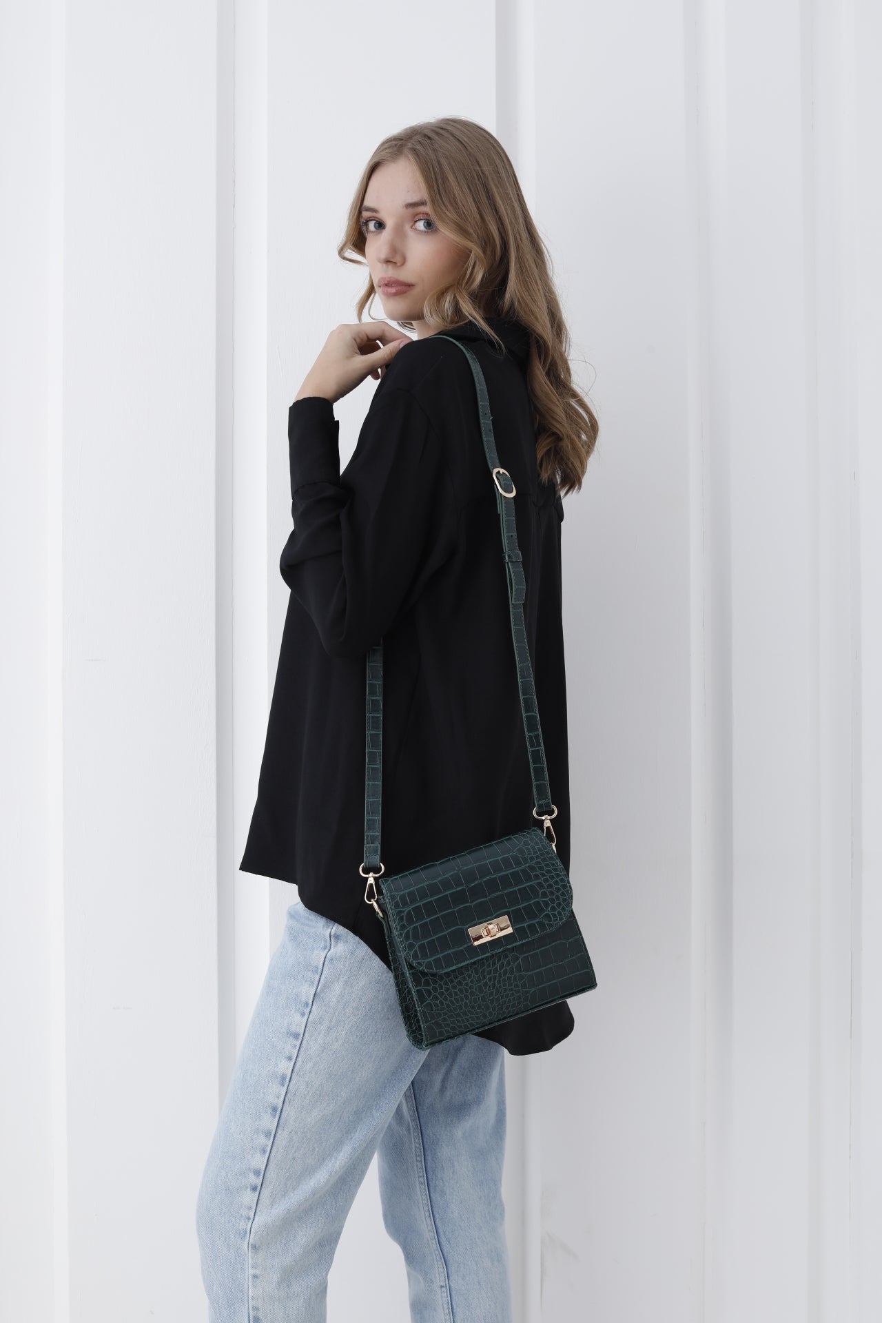 Croc Pu Leather Crossbody Bag - Khaki