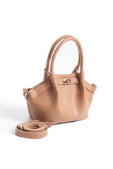 Pu Leather Top Handle Crossbody Bag with Twist Lock Detail - Nude