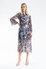 Womens Abstract Print Chiffon Midi Shirt Dress