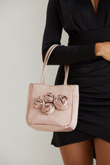 Floral Satin Handbag with Detachable Crossbody Strap - Nude