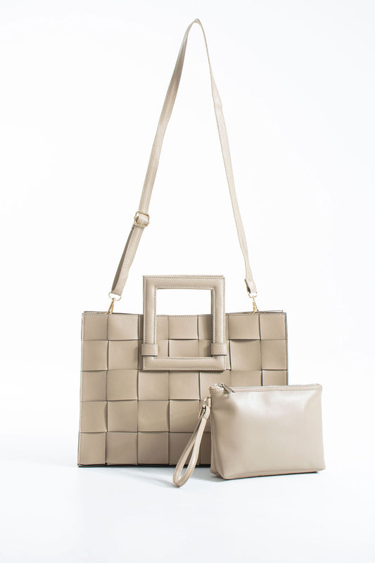 Braided Convertible Tote Bag with Detachable Crossbody Strap - Beige