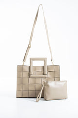 Braided Convertible Tote Bag with Detachable Crossbody Strap - Beige
