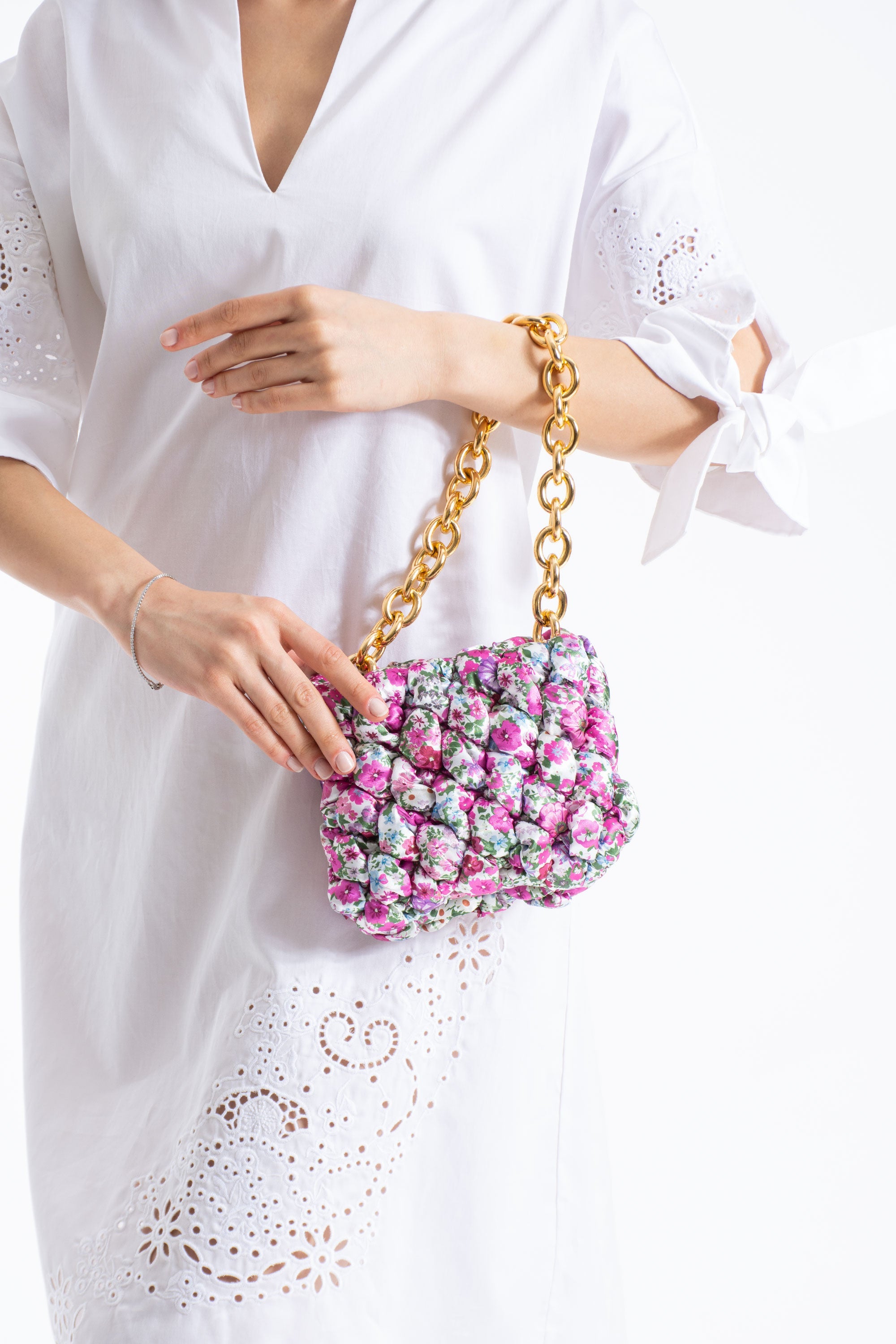 Floral Quilted Shoulder Grab  Bag with Gold Chain Strap - Multi