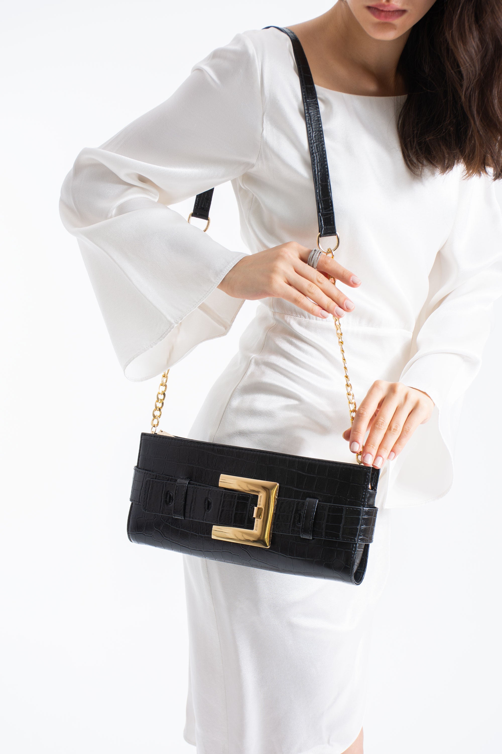 Croc PU Leather Shoulder & Clutch Bag with Large Gold Buckle - Black