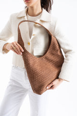 Woven Suede Slouchy Tote Bag with Matching Zipper Pouch 2PCS Set - Tan