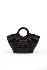 Textured Pu Leather Top Handle Tote Bag - Black