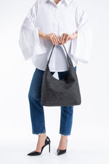 Woven Suede Slouchy Tote Bag with Matching Zipper Pouch 2PCS Set - Black