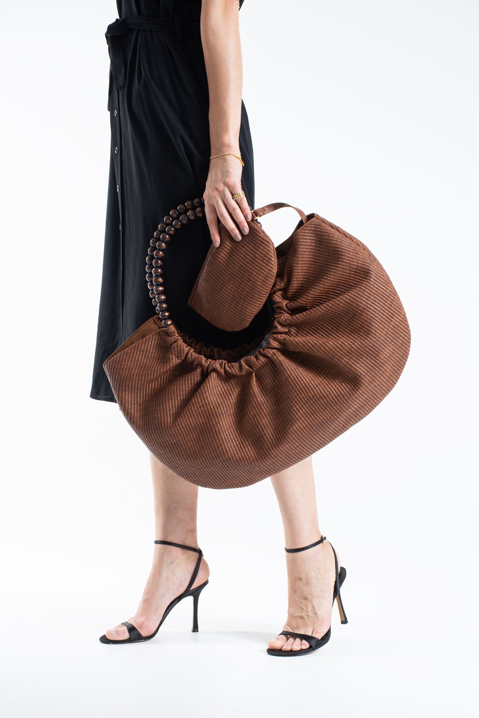 Woven PU Leather Slouchy Tote with Beaded Strap 2PCS Set - Brown