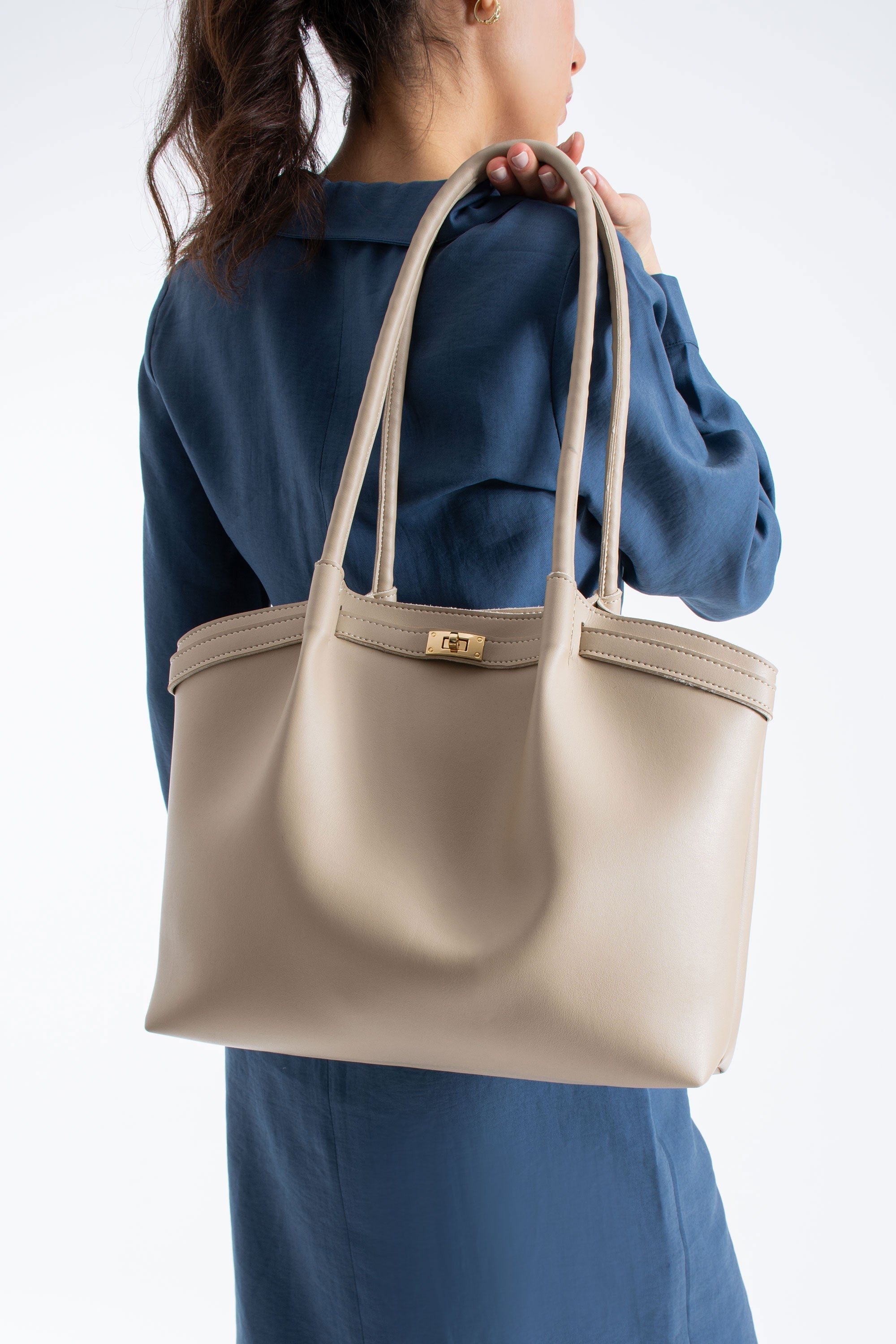Large PU Leather Shopper Tote Bag with Matching Pouch - Beige