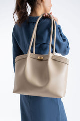 Large PU Leather Shopper Tote Bag with Matching Pouch - Beige