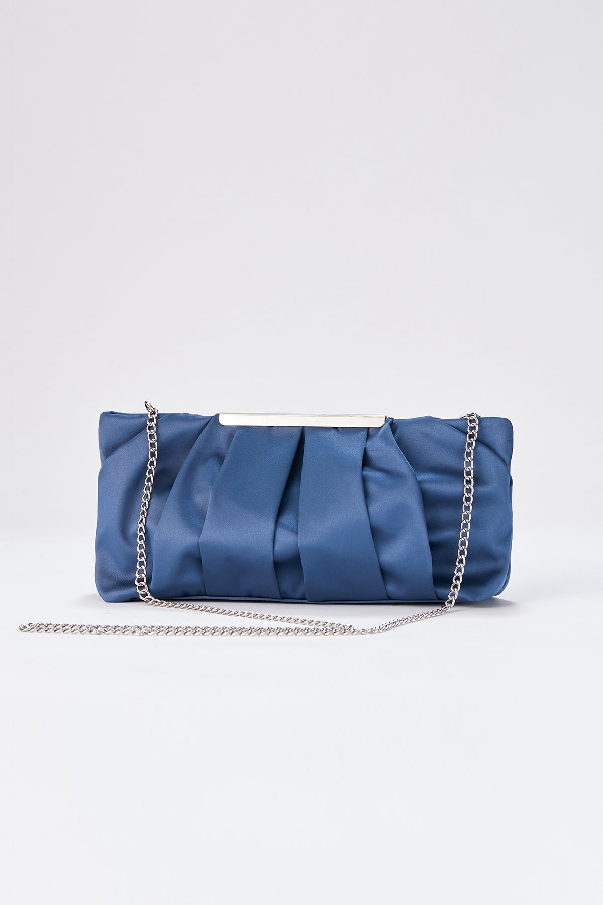 Pleated Satin Clutch Bag with Detachable Strap - Blue