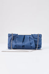 Pleated Satin Clutch Bag with Detachable Strap - Blue