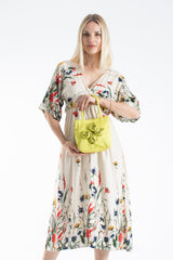 Floral Satin Handbag with Detachable Crossbody Strap - Lime
