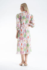 Women’s Linen Blend Ornamental Print Midi Shirt Dress - Cream