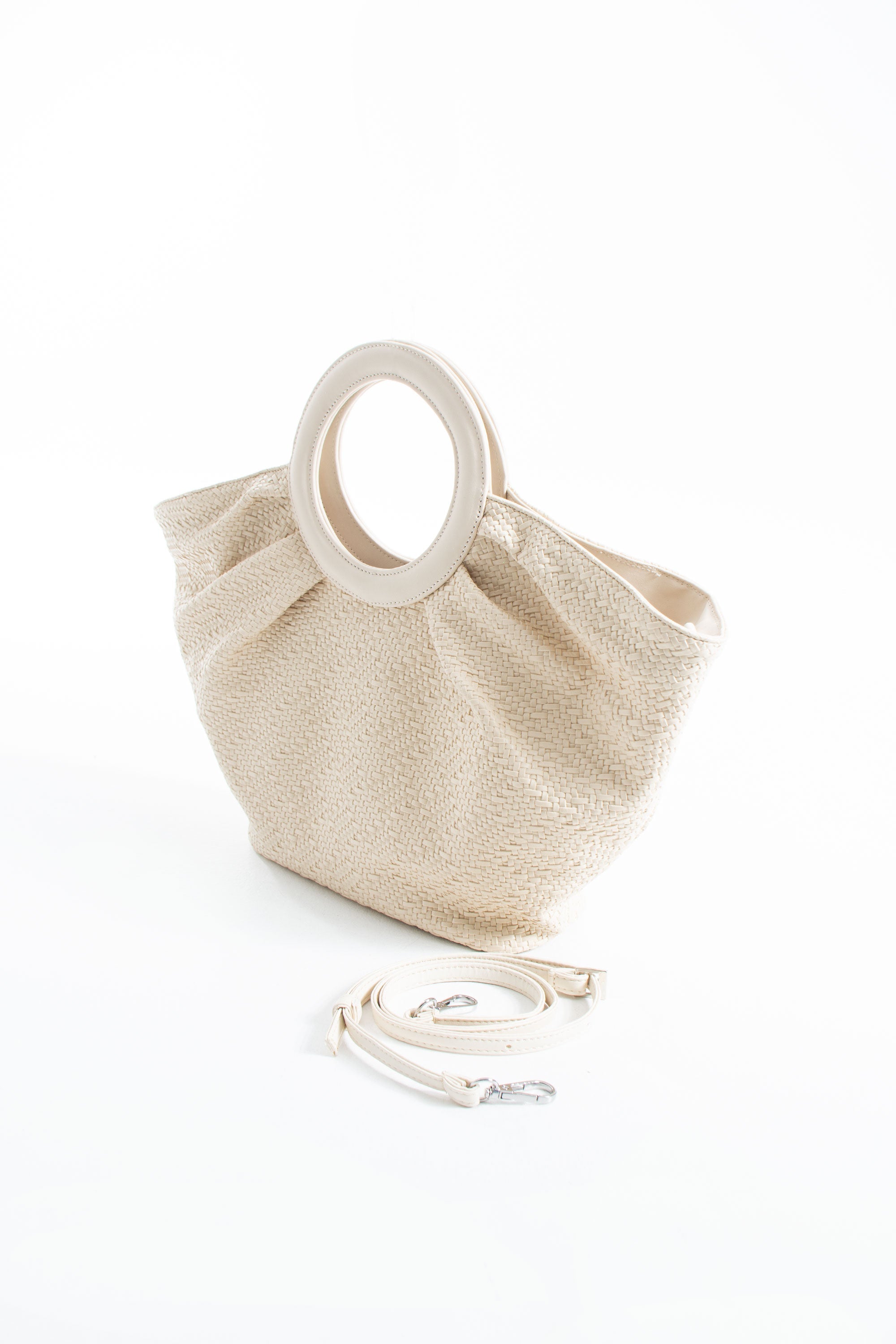 Woven  Pu Leather Top Handle Tote Bag with Adjustable  Crossbody Strap - Cream