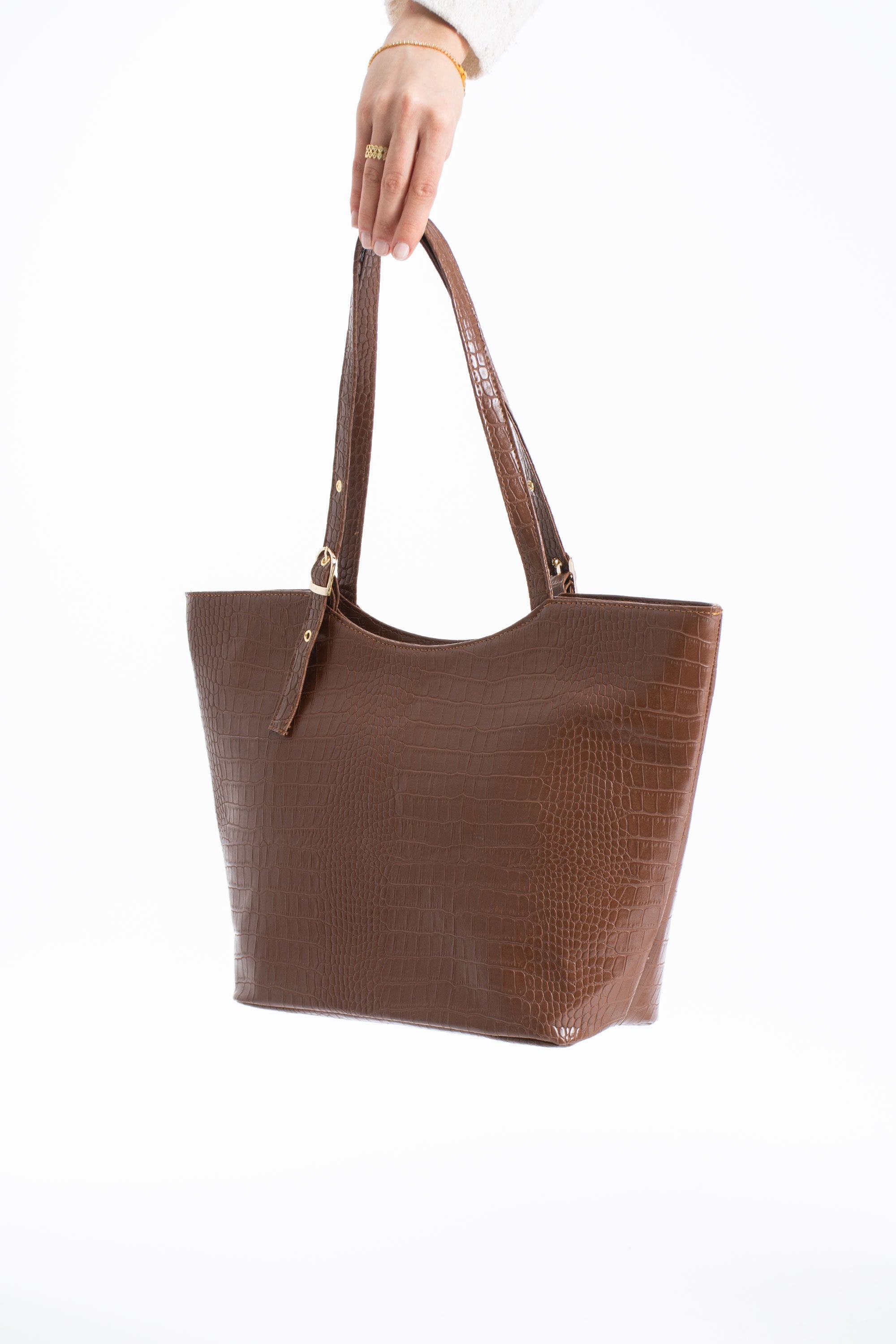 Textured  Pu Leather Tote Bag with Matching Zipper Pouch 2PCS Set - Brown