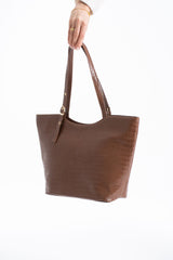 Textured  Pu Leather Tote Bag with Matching Zipper Pouch 2PCS Set - Brown