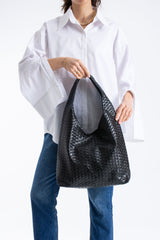 Woven Pu Leather  Slouchy Tote Bag - Black