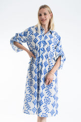 Women’s Linen Blend Leaf Print Midi Shirt Dress - Blue