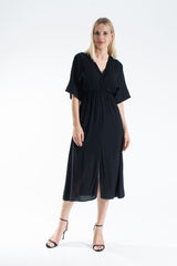 Viscose V Neck Short Sleeve Midi Dress - Black