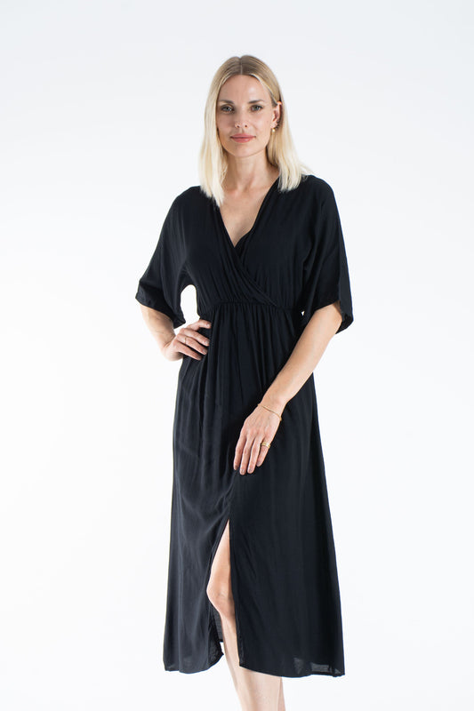 Viscose V Neck Short Sleeve Midi Dress - Black